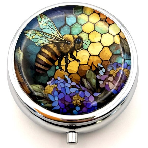 Colorful Spring Flowers Floral Honeycomb Bee Purse Travel Decorative Pill Box - Picture 1 of 3